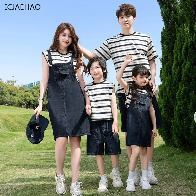 2025 Mother Father Daughter Son Matching Summer Cotton Striped Girl Dress Casual Seaside Holiday Tshirt Overalls Family Sets