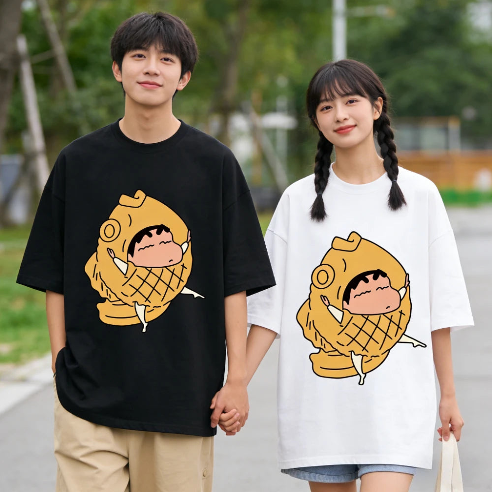 2026 New Taiyaki Shinchan Print Couple T-Shirts Cute Anime Cartoon Family Matching Outfits Tees Casual Cotton Short Sleeve Tops