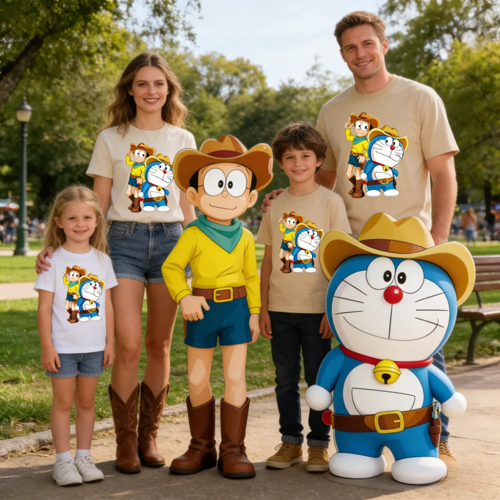 Potdemiel Summer New Doraemon 100% Cotton Children's T-Shirt Comfortable  Breathable for Boys and Girls Family Matching Outfits